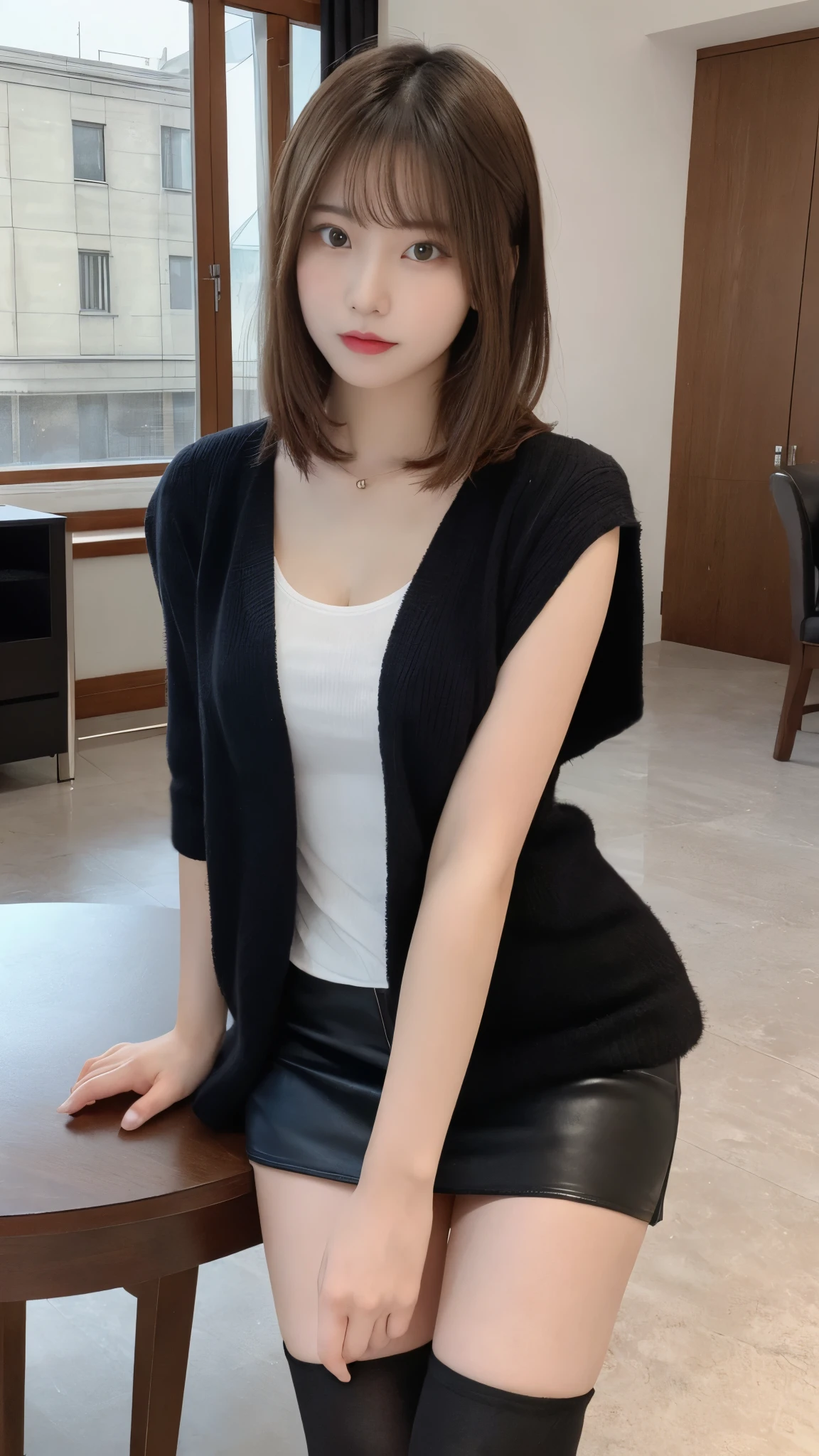 table top, highest quality, figure, super detailed, finely, High resolution, 8k wallpaper, 完璧なダイナミックな構figure, beautiful and fine eyes, woman's fashion fluffy winter clothes,Wearing sunglasses,medium hair,small breasts natural color lip, bold sexy pose、20 year old girl、cute、sexy shot looking at camera,RAW photo,anatomically correct body,blur the background,perfect and beautiful face,KPOP idol face,Slim face and body、Wearing a black miniskirt,Wearing black high heels,sitting in a chair,