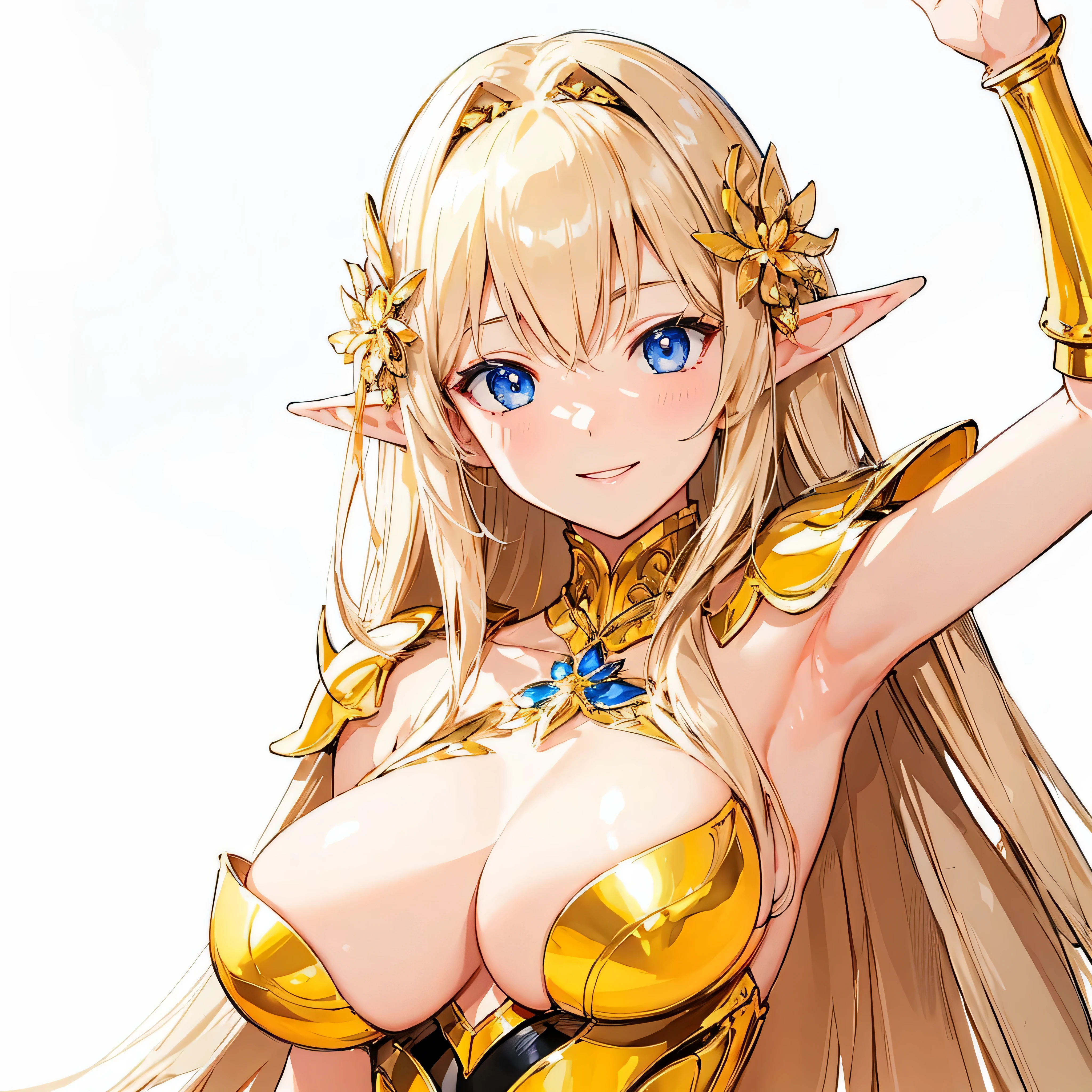masterpiece、highest quality、very detailed、High resolution、16k、Thin contours、I can see the 、chest proportions、elfの女の子、golden armor shines、Sheer white skirt、black pants、very white skin、beautiful fingers、Anime girl very big brepose、perfecte、elf、No bra、blonde blue eyes、cool smile