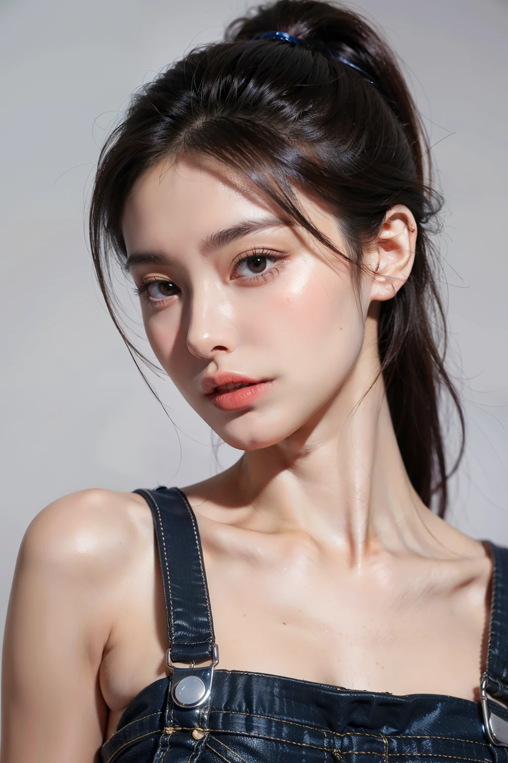 Drawing body shape is relatively thin，Brown-black hair，With a sleek ponytail，The overalls look a little old，The facial features are still very beautiful。American