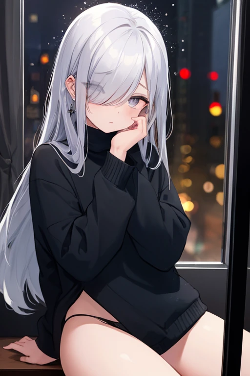 ((masterpiece:1.4, best quality:1.2)), 1girl, solo focus, beautiful skin, blush, black sweatshirt, long white hair, grey eyes, sitting, earrings, Hands on face, piercing, coffee shop window, night, snowing, cityscape, tall female, beautiful and delicate female, comfy ambience, {correct posing}, {detailed background}, I'm not wearing panties, hair over one eye, shy, Not wearing underwear, sexy, spread your leg