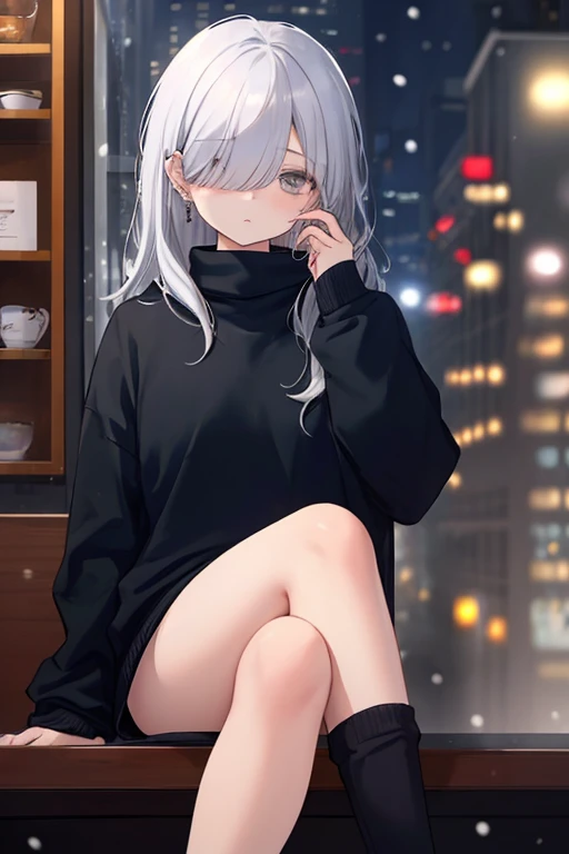 ((masterpiece:1.4, best quality:1.2)), 1girl, solo focus, beautiful skin, blush, black sweatshirt, long white hair, grey eyes, sitting, earrings, Hands piercing, coffee shop window, night, snowing, cityscape, tall female, beautiful and delicate female, comfy ambience, {detailed background}, I'm not wearing panties, hair over one eye, shy, Not wearing underwear, sexy, naked, spread your leg