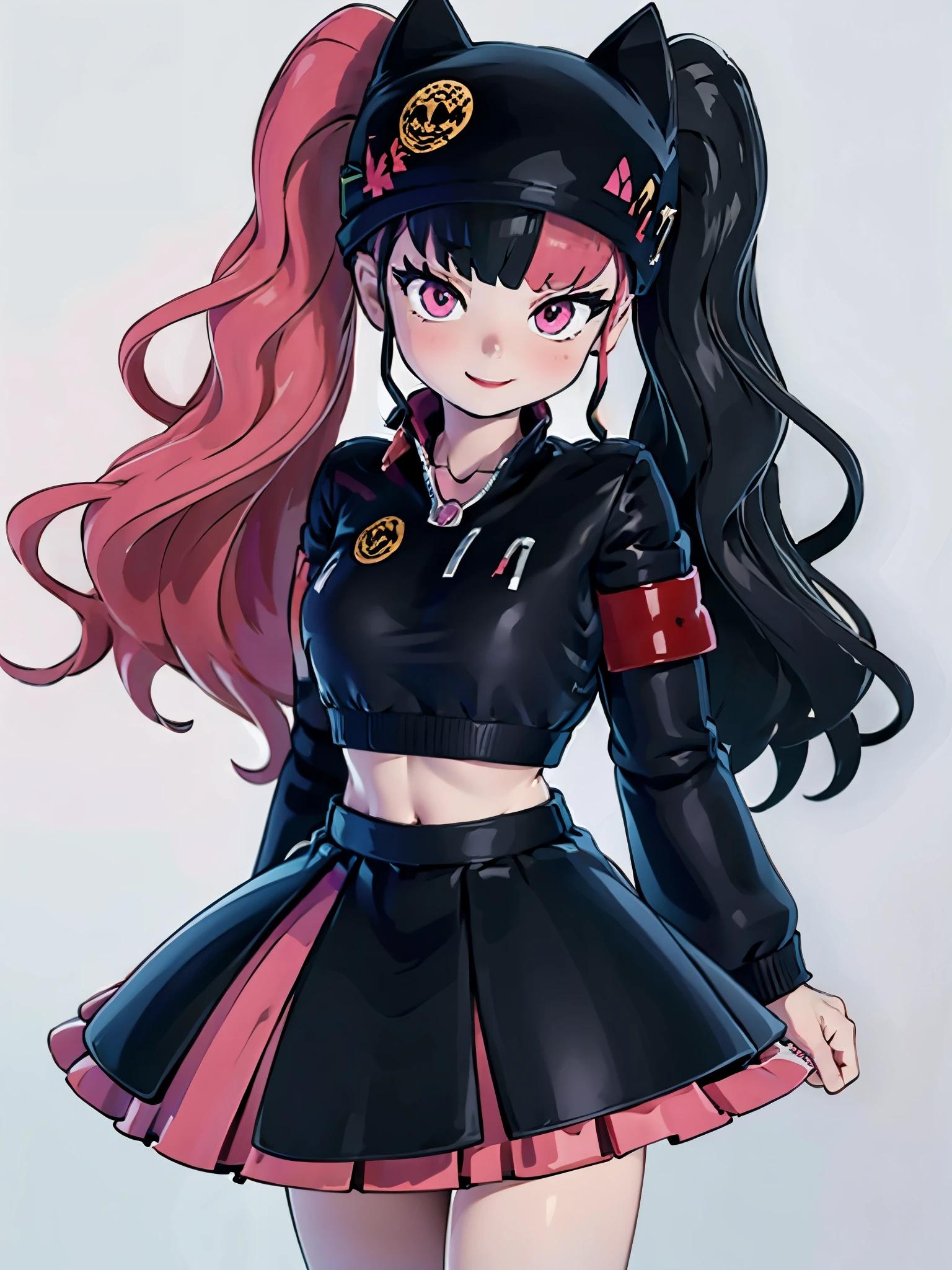 Zoe-Palworld，ZOE_PALWORLD, LONG HAIR, LOOKING AT VIEWER, SMILE, LONG SLEEVES, HAT, JACKET, BLACK JACKET, BLACK HEADWEAR, CAT HAT, ANIMAL EAR HEADWEAR, PINK EYES, MIDRIFF, CROP TOP, BLACK SKIRT,