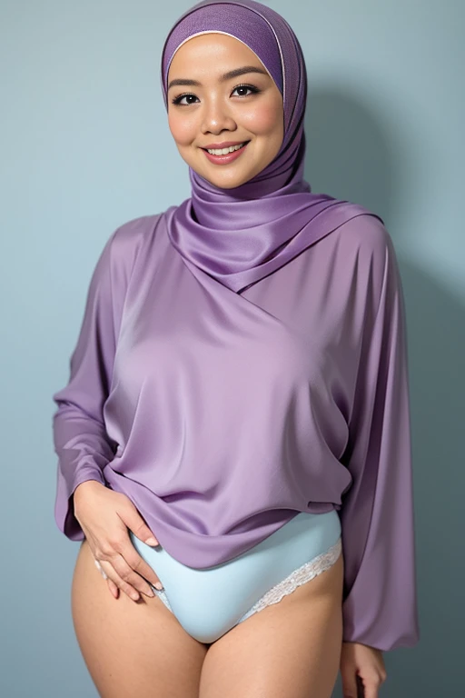 Matured Malay women in hijab wearing sexy satin lace lilac color bra and panties, portrait photography, 35 years old, mid shot photo, ultra detail, professional photograph with professional lighting, smile, light blue studio background, sexy seducing pose, curvy,