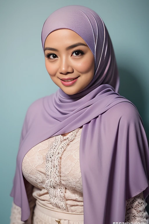 Matured Malay women in hijab wearing sexy satin lace lilac color bra and panties, portrait photography, 35 years old, mid shot photo, ultra detail, professional photograph with professional lighting, smile, light blue studio background, sexy seducing pose, curvy,