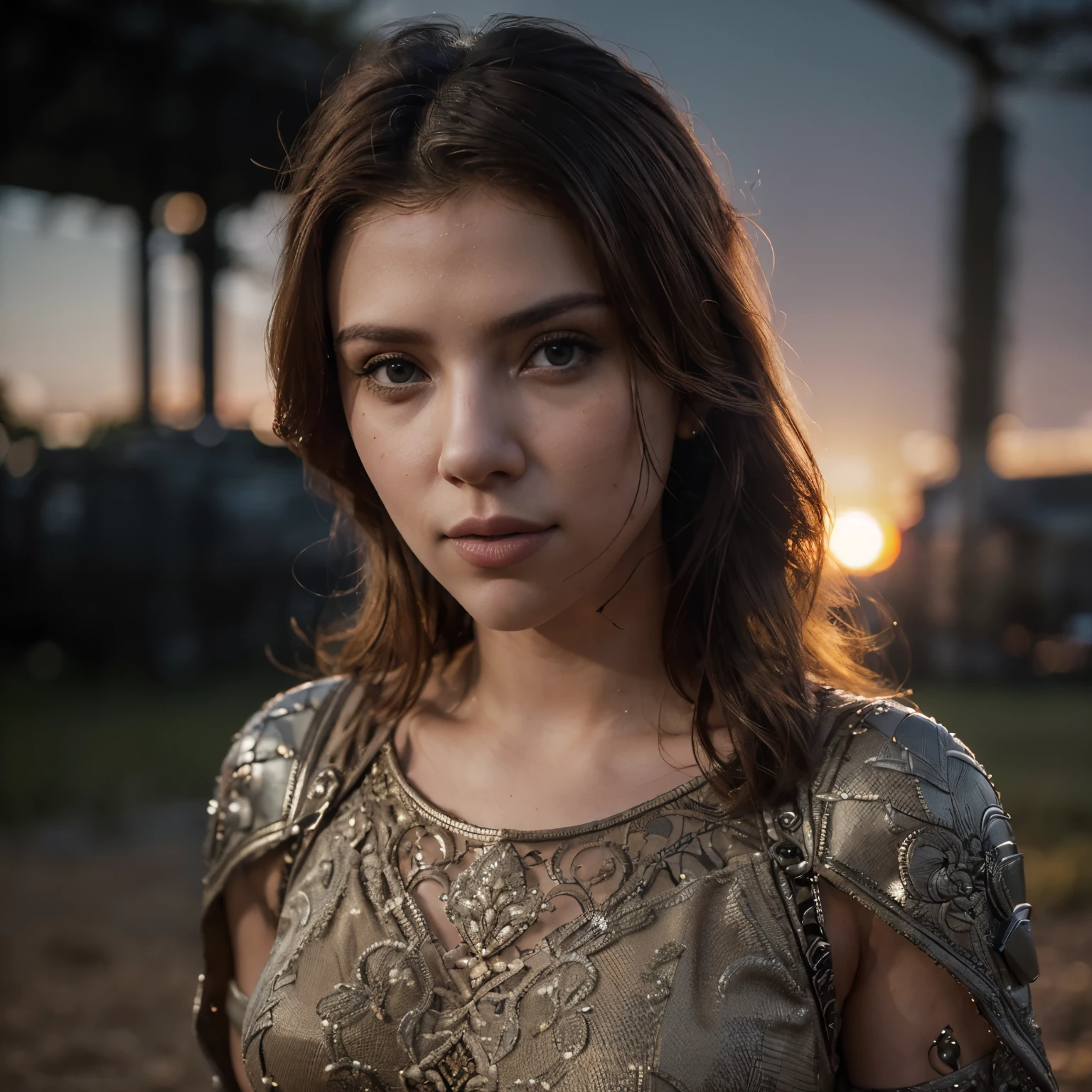 (masterpiece), (extremely intricate:1.3), (realistic), portrait of Scarlett Johansson , the most beautiful in the world, (tactical plate carrie), metal reflections, upper body, outdoors, intense sunlight, far away military base, professional photograph of a stunning woman detailed, sharp focus, sexy, dramatic, proactive, award winning, cinematic lighting, octane render unreal engine, volumetrics dtx, (film grain, blurry background, blurry foreground, bokeh, depth of field, sunset, motion blur:1.3), chainmail