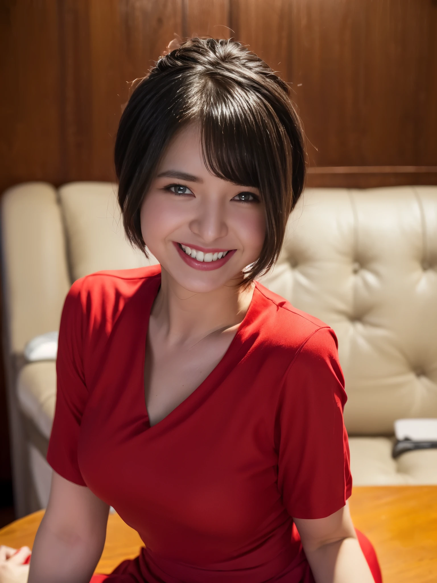 soft light, (((short hair:1.3), short bangs, Floating hair NovaFrogStyle)), ((The Ultimate Beautiful Japan Married Woman)), 50 generations, fine eyes, (Big eyes:1.3), detailed lips, very detailed目と顔, beautifully detailed nose, 美しくてfine eyes, long eyelashes, light shines on your face, (Separated lips:1.2), (beautiful white teeth:1.3), Adult-like appearance, ((big and full breasts)), realistic face, realistic body, beautiful detailed thighs, (Red blouse:1.3)、(Tight micro mini skirt in red:1.4)、thighs thighs、(cowboy shot:1.3), ((written boundary depth))、With background：((The city of Ginza, Tokyo))、(RAW photo, highest quality), (realistic, Photoreal:1.3), table top, very delicate and beautiful, very detailed, nffsw, unity , 2k wallpaper, wonderful, small details, light smile, Highly detailed ticker unity 8k wallpaper, huge file size, Super detailed, High resolution, absurd,