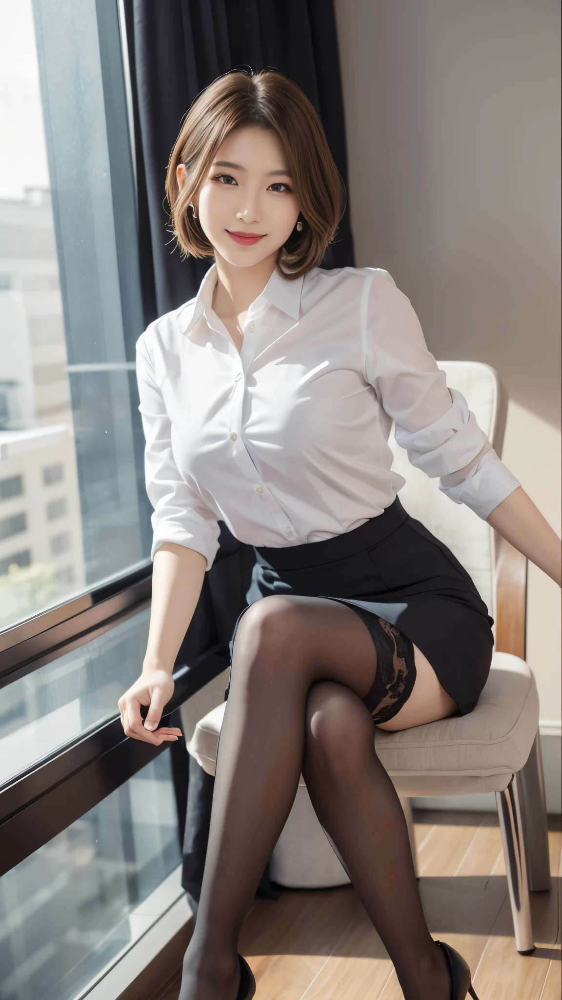 beautiful japanese woman,Photos taken by a professional photographer,Fancy makeup with red eyeshadow,double eyelid,The best smile,Delicate brown hair with short cut and side waves,big ring earrings,elegant legs,Wearing black high heels,long and thin legs, white shirt and super miniskirt, long legs, standing during class, very beautiful slim legs, とても美しいlong and thin legs, sitting at desk, Business service, beautiful feet, good hips and long legs, beautiful feet, black tights,black stockings,black pantyhose,