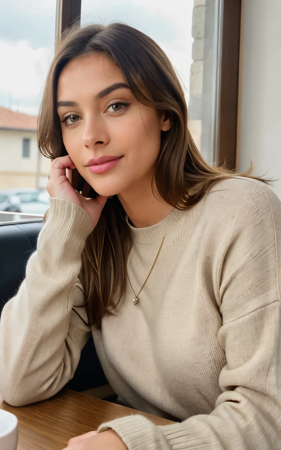 Beautiful brunette with blonde highlights wearing a beige sweater (In a café drinking soda), Very detailed, 22 anos, Rosto inocente, cabelos ondulados naturais, olhos azuis, high resolution, master part, best quality, Alto detalhe intrincado, altamente detalhado, Crisp Focus, pele detalhada, textura de pele realista, textura, olhos detalhados, profissional, 4k, sorriso encantador, filmado na Canon, 85 millimeters, profundidade de campo rasa, Cor Kodak Vision, corpo de ajuste perfeito, extremamente detalhado, fotografia_\(Ultra\), photoreallistic, Realista, Post-processing, maximum details, rugosidade, vida real, Ultra realista, fotorrealismo, fotografia, 8k UHD, fotografia