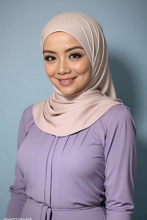Matured Malay women in hijab wearing sexy satin lace lilac color bra and panties, portrait photography, 30 years old, mid shot photo, ultra detail, professional photograph with professional lighting, smile, light blue studio background, sexy seducing pose, curvy,