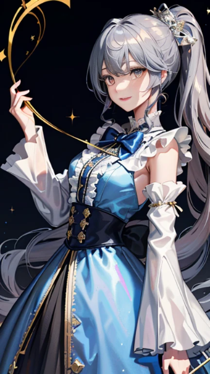 dramatic composition, Navy blue coat-style dress with golden embroidery, royal, nice, カスケードfrills, frills,,Lots of races, bow, crystal chandelier, roman curly hairstyle, ponette, Double ponytail like a silver drill, look at the camera, bangs, maximalism, palace background, Delicate depiction of hair and eyes, princess dress, nice skirts, flowers in hand, smile, Eyes like the starry sky, cinematic light, extreme detail, High resolution, happy girl, very long hair, diamond, broken diamond, crystal shards, particles of light