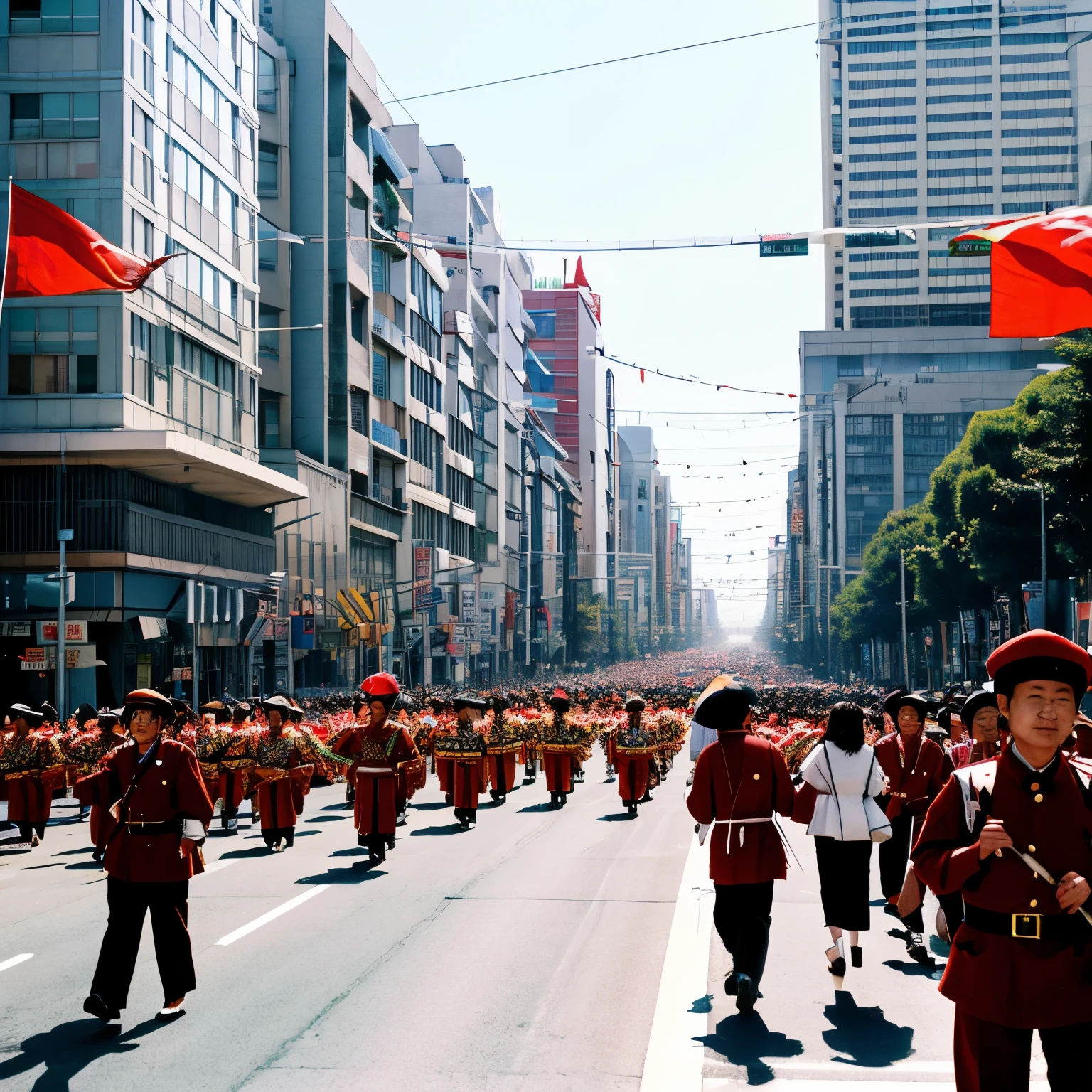 People&#39;s Republic of Japan　capital Tokyo　Rows of low Japanese-style buildings　　finely　wide boulevard　the year 1995 　People wear Japanese clothes　Parade commemorating the 50th anniversary of the revolution