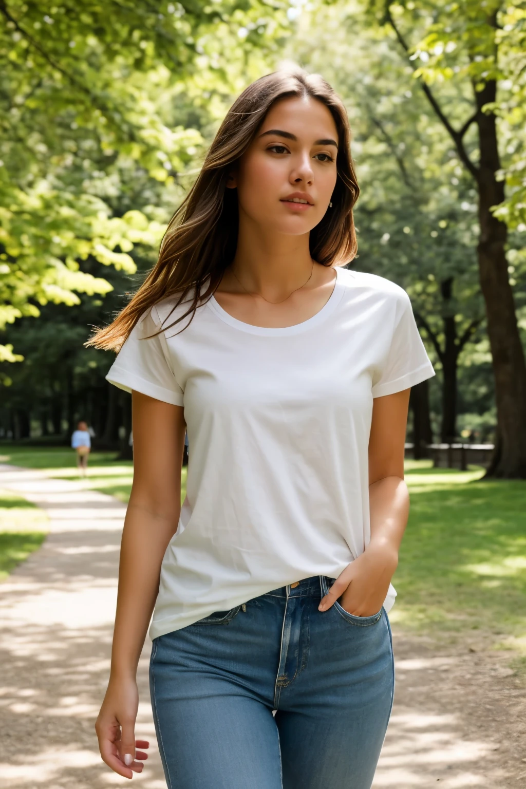 ((best quality)), ((masterpiece)), (detailed), perfect face of a girl in white t-shirt walking in the park