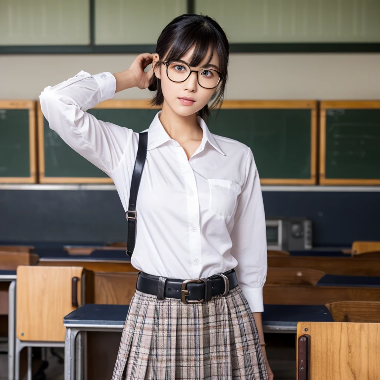 (masterpiece, highest quality: 1.2), Yoru(chainsaw man),(highly detailed face, real image, realistic skin, realistic body, intricate details), red eyes (intimidating look), light blush, social clothes, semi-open button up shirt (white), whiteいブラジャー, skirt (black), black belt with buckle, short hair, Glasses, small breasts, close, big thighs, classroom, blackboard.