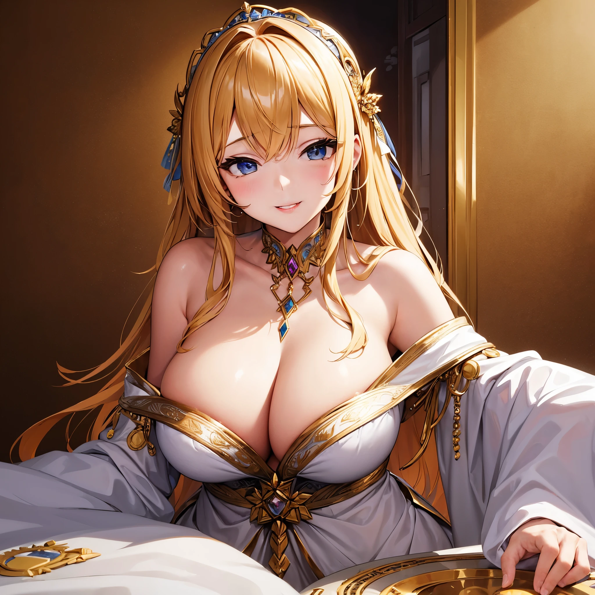 ((muste piece)), ((best quality)), (Super detailed), model-like face、golden hair、Throw kiss、seductive off shoulder、plump breasts、smile、Hostess
