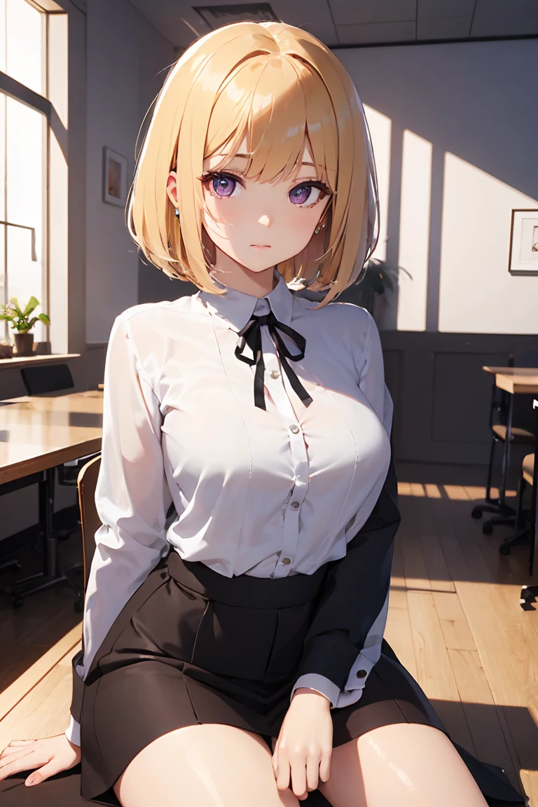 masterpiece, absurdres, best quality, ultra detailed, high Resolution, detailed illustration, extremely beautiful detailed face and eyes, Delicate beautiful face, bright colour, Pastel, 1girl, cute face, magenta eyes, sparkling eyes, big eyes, medium breasts, (perky breasts:1.1), (pointy breasts:1.1), medium hips, glamorous body, white skin, confused, BREAK, long bob cut, (blonde hair:0.8), messy hair, detailed hair, shiny hair, BREAK business suit, tiny ribbon, meeting room, sitting, chair, real world, natural lights, perfect lighting,