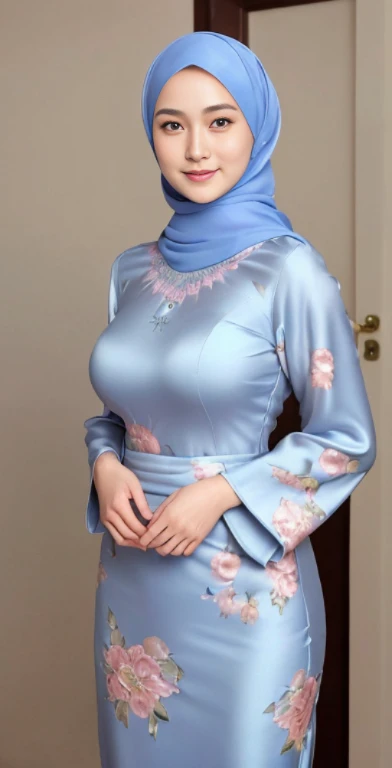 Luna Maya, slim faces, (RAW photo:1.2), (photorealistic:1.4),(masterpiece:1.3),(best quality:1.4),ultra high res,(detailed eyes),(detailed facial features),(detailed clothes features),HDR,8k resolution, skin tight, (((high detailed skin,visible pores))),1 girl, tall body, slim faces, body abs:1.2, , 30 years old, gigantic ??????:1.4, wearing tight close beie pastel floral silk malay gamis with hijab, full body, beautiful shy smile,  wearing high heels