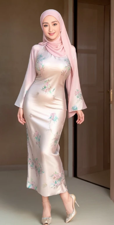 Luna Maya, slim faces, (RAW photo:1.2), (photorealistic:1.4),(masterpiece:1.3),(best quality:1.4),ultra high res,(detailed eyes),(detailed facial features),(detailed clothes features),HDR,8k resolution, skin tight, (((high detailed skin,visible pores))),1 girl, tall body, slim faces, body abs:1.2, , 30 years old, gigantic breast:1.4, wearing tight close beie pastel floral silk malay gamis with hijab, full body, beautiful shy smile, wearing high heels