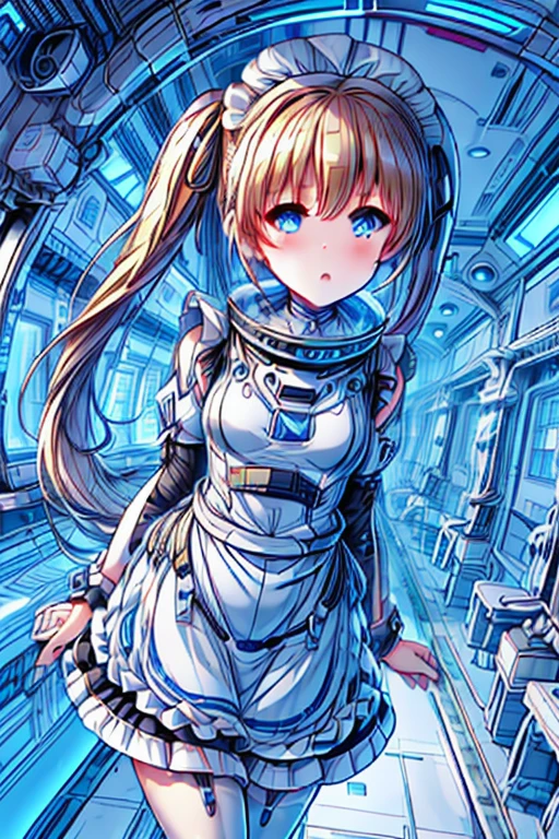 ticker_eriri, sawamura spencer eriri, 1 girl, blonde hair, blue eyes, twin tails, alone, tooth, long hair, hair ribbon, anime coloring book, blush, bangs, black ribbon, long dress, maid, maid apron, roswaal mansion maid uniform,(spacesuit):0.5,
, (masterpiece:1.6, highest quality), (Beautiful detailed eyes: 1.2), bing astronaut