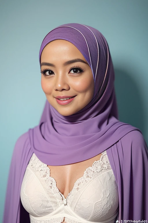 Matured Malay women in hijab wearing sexy satin lace lilac color bra and panties, portrait photography, 25 years old, mid shot photo, ultra detail, professional photograph with professional lighting, smile, light blue studio background, sexy seducing pose, curvy,