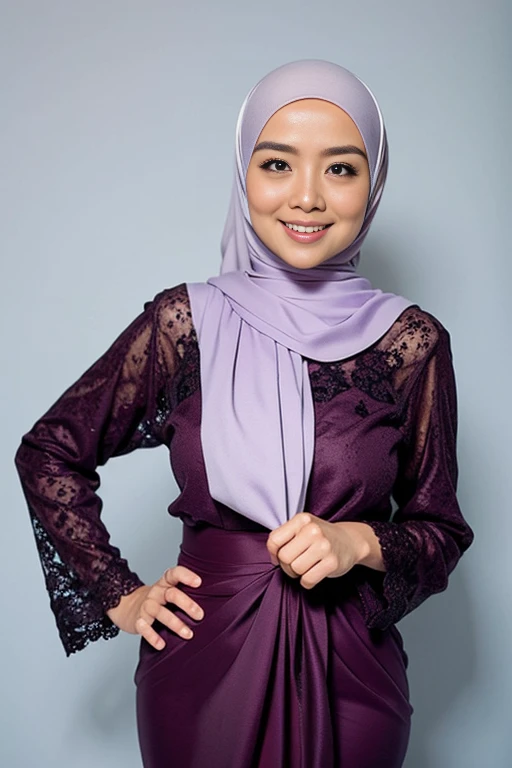 Matured Malay women in hijab wearing sexy satin lace lilac color bra and panties, portrait photography, 25 years old, mid shot photo, ultra detail, professional photograph with professional lighting, smile, light blue studio background, sexy seducing pose, curvy,