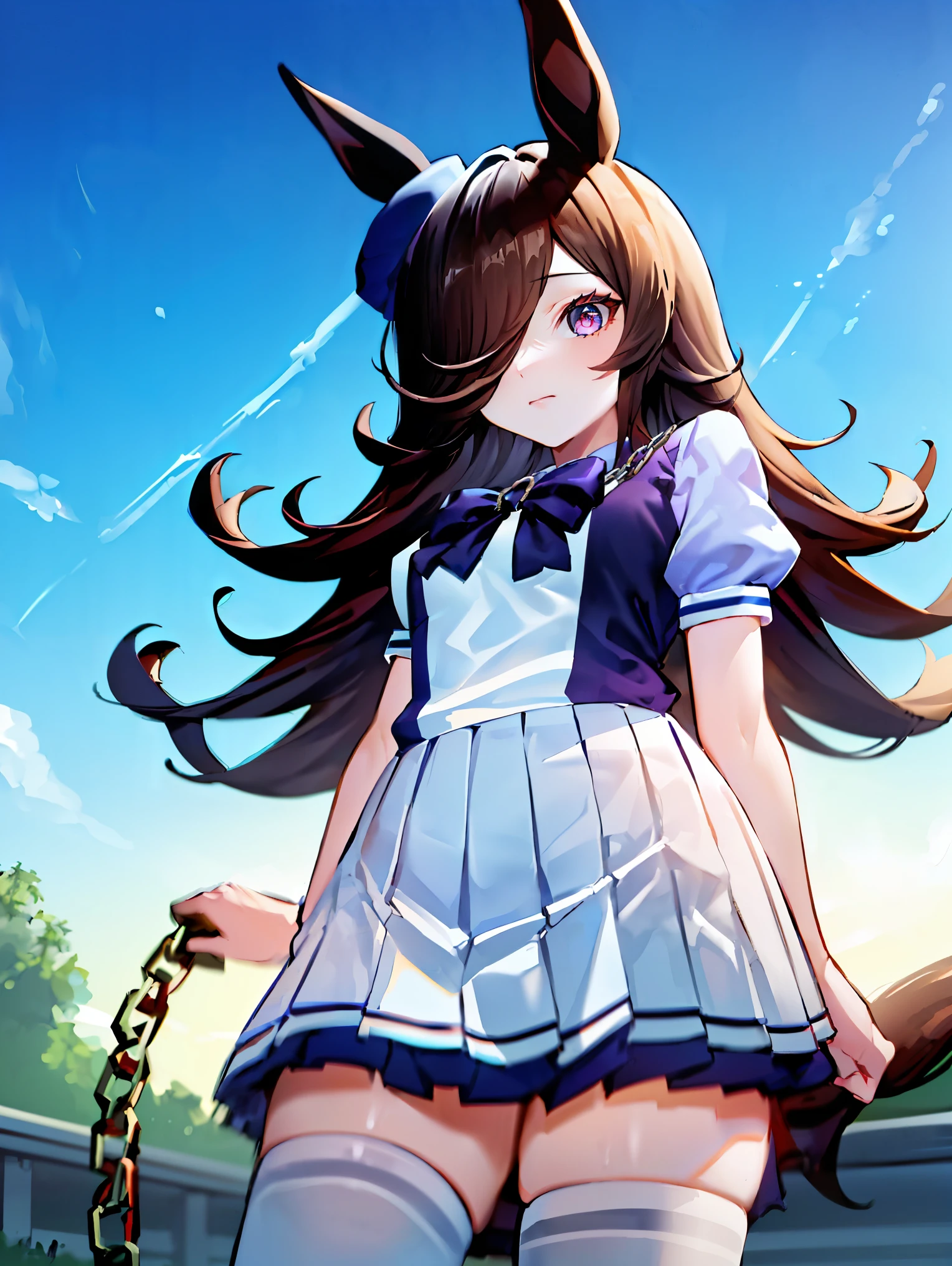 (beautiful, best quality, high quality,high res, masterpiece,ultra detailed,32k:1.3),cowboy shot,1girl,(Rice Shower\(umamusume\):1.4),tracen school uniform, summer uniform, serafuku, puffy short sleeves, purple bowtie, horseshoe ornament, sailor collar, sailor shirt, purple shirt, white skirt, pleated skirt, frilled skirt, miniskirt, zettai ryouiki, white thighhighs, brown footwear, loafers,(viewer on chain leash,looking at viewer:1.6),femdom,(from below:1.5),outdoor,night,