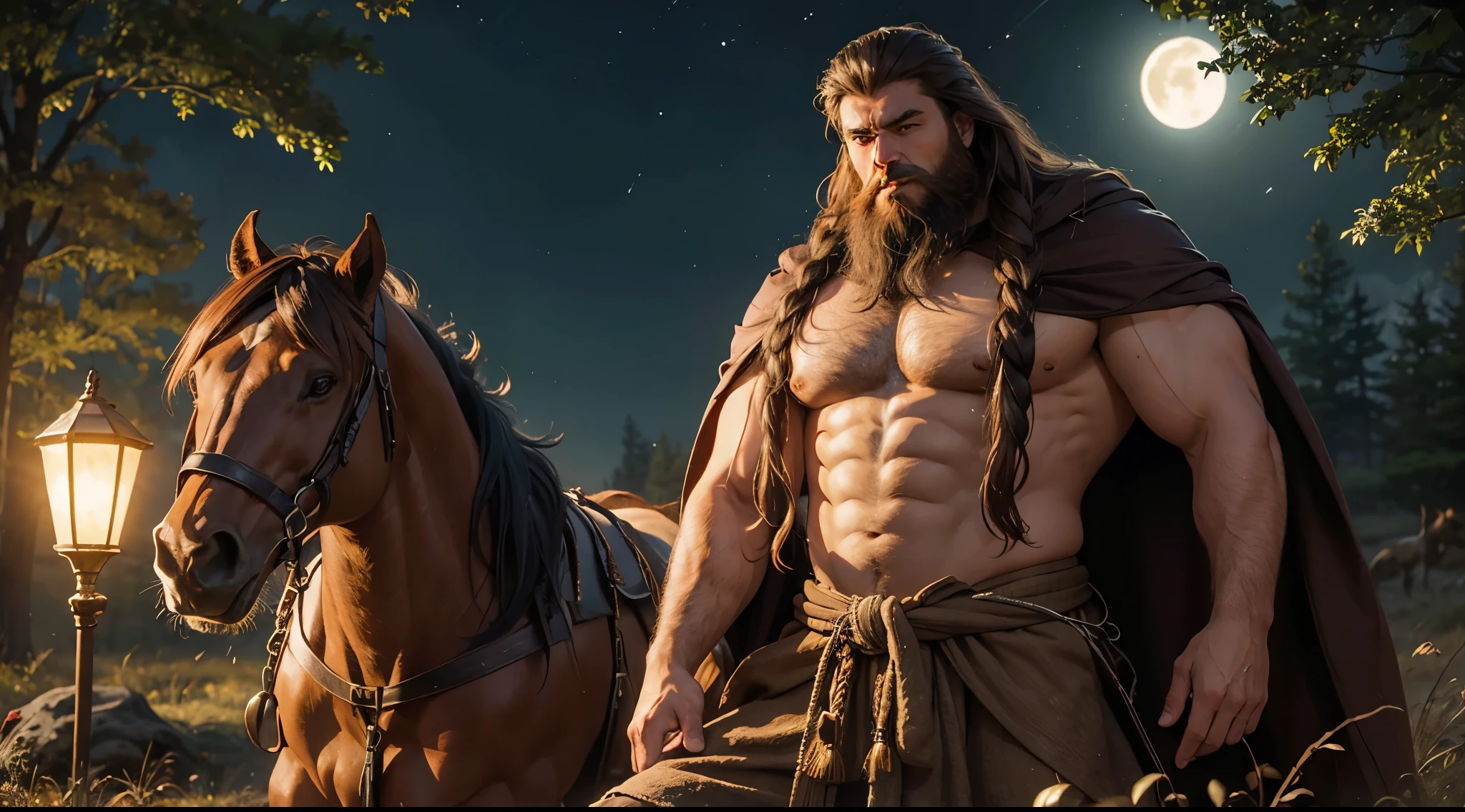 Man, big man, giant, heavy, muscular big body, warrior, tanned skin, long hairs, big beard, brown hairs, hairy body, wearing cloak, in woods, sitting on a limber, alone, with his horse, brown horse, on born fire, at night, night time, moon light, fire light in the dark, traveller, resting,
UHD, HDR, Ultra High quality details, 8k