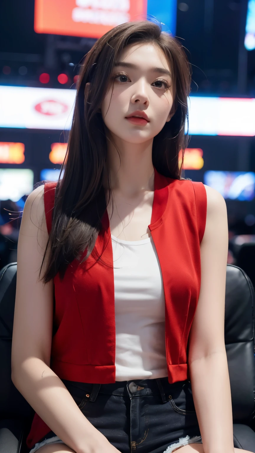 individual,young girl,23 years old, (( esports players)),fine hair, Detailed faces, full的身材,long hair,full, Short hair details, sit down,Short hot pants, Small red vest,Look up