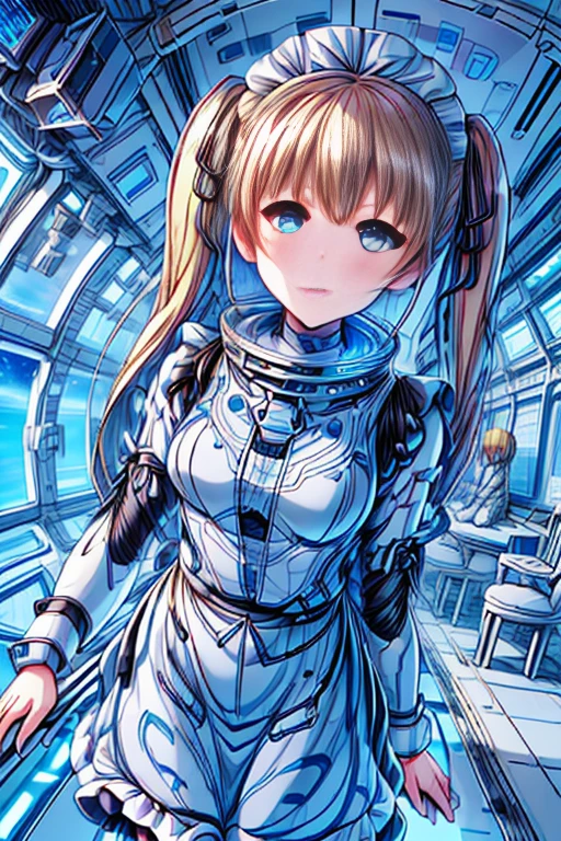 ticker_eriri, sawamura spencer eriri, 1 girl, blonde hair, blue eyes, twin tails, alone, tooth, long hair, hair ribbon, anime coloring book, blush, bangs, black ribbon, long dress, maid, maid apron, roswaal mansion maid uniform,(spacesuit):0.5,
, (masterpiece:1.6, highest quality), (Beautiful detailed eyes: 1.2), bing astronaut