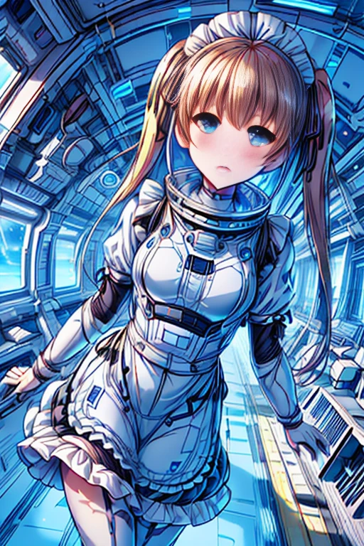 ticker_eriri, sawamura spencer eriri, 1 girl, blonde hair, blue eyes, twin tails, alone, tooth, long hair, hair ribbon, anime coloring book, blush, bangs, black ribbon, long dress, maid, maid apron, roswaal mansion maid uniform,(spacesuit):0.5,
, (masterpiece:1.6, highest quality), (Beautiful detailed eyes: 1.2), bing astronaut