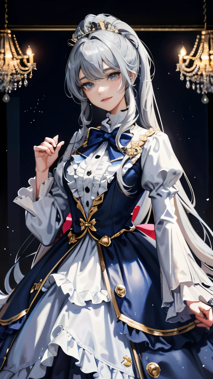 dramatic composition, Navy blue coat-style dress with golden embroidery, royal, nice, カスケードfrills, frills,,Lots of races, bow, crystal chandelier, roman curly hairstyle, ponette, Double ponytail like a silver drill, look at the camera, bangs, maximalism, palace background, Delicate depiction of hair and eyes, princess dress, nice skirts, flowers in hand, smile, Eyes like the starry sky, cinematic light, extreme detail, High resolution, happy girl, very long hair, diamond, broken diamond, crystal shards, particles of light