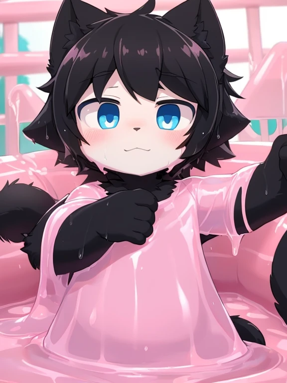 4K，8k，high resolution，masterpiece, best quality，blue eyes, hairy, alone, Wearing a pure pink slime suit， wet fur, Pink slime drowned，((black cat，Shota))In the amusement park，black cat贴史莱姆身上