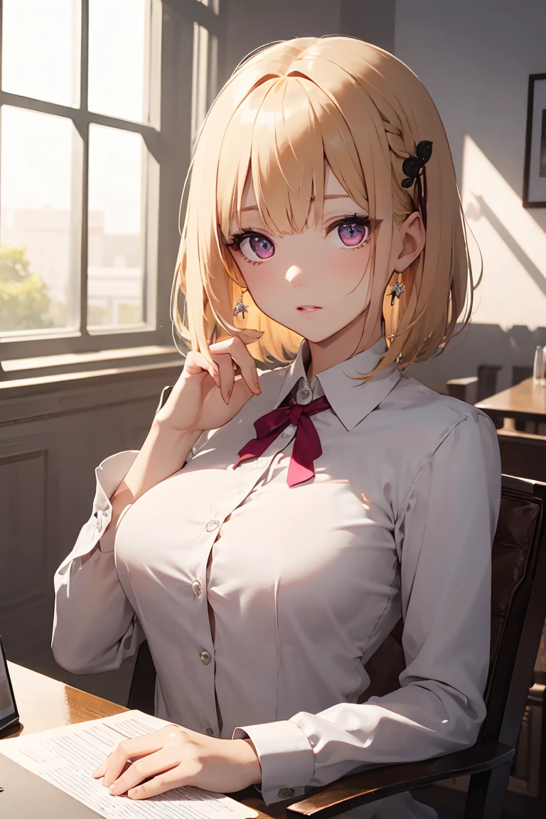 masterpiece, absurdres, best quality, ultra detailed, high Resolution, detailed illustration, extremely beautiful detailed face and eyes, Delicate beautiful face, bright colour, Pastel, 1girl, cute face, magenta eyes, sparkling eyes, big eyes, medium breasts, (perky breasts:1.1), (pointy breasts:1.1), medium hips, glamorous body, white skin, confused, BREAK, long bob cut, (blonde hair:0.8), messy hair, detailed hair, shiny hair, BREAK business suit, tiny ribbon, meeting room, sitting, chair, real world, natural lights, perfect lighting,