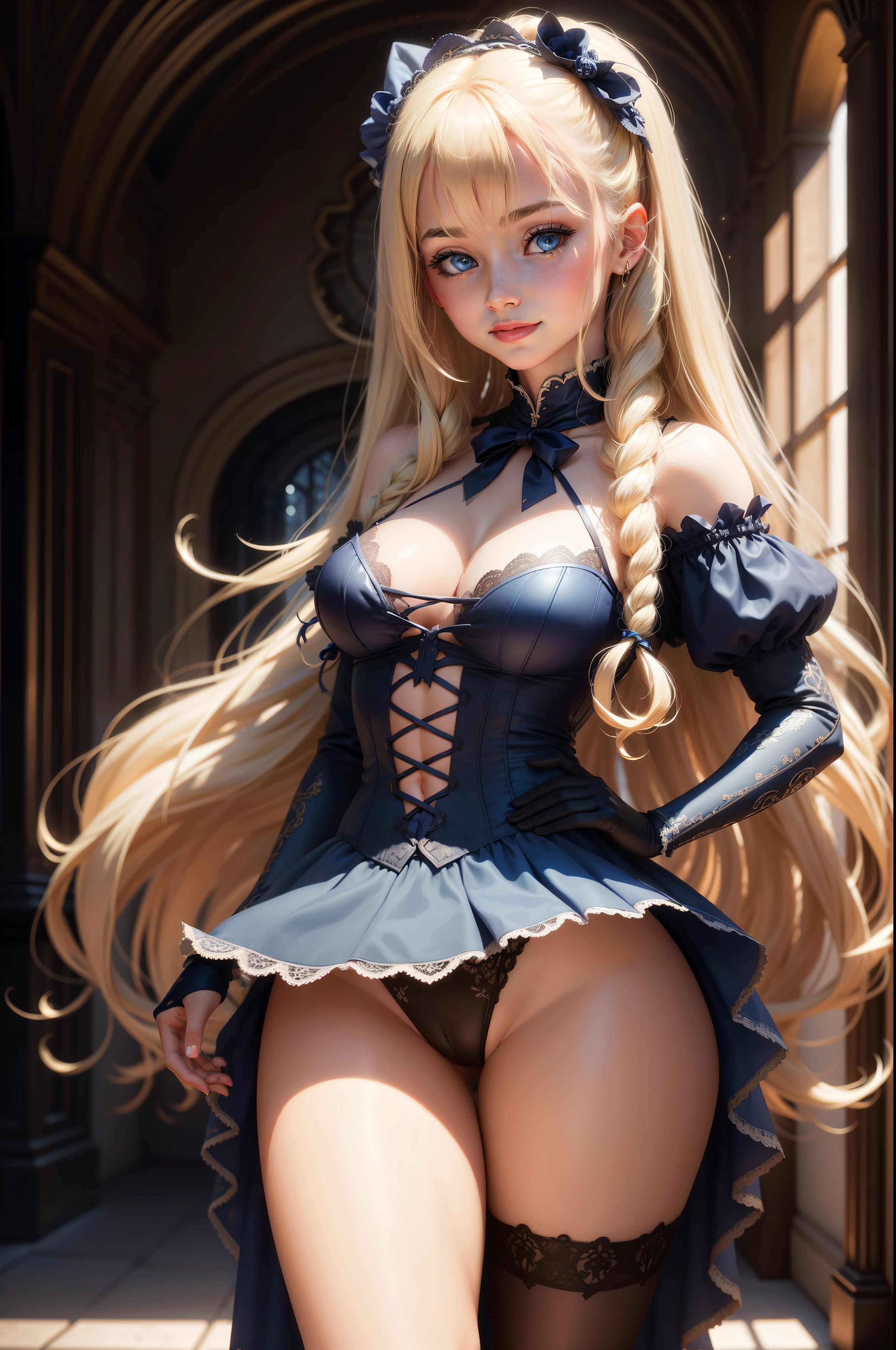 prompt: Highly detailed RAW color photos, 15 year old Virginia Otis in a sexy Victorian dress, pixer style, sexy pose, In the style of bright 3D objects, She has a cartoon smile, tanned skin and rosy cheeks, Social contest winning photo, Long strawberry, she holds the edge of the dress with both hands, Please lift it up a little, -blue eyes, long blonde hair, spines, Very curly blonde hair, Corridor with castle atmosphere, Iridescence/milky white, Sparkling, highly detailed photorealistic, 16k - Expression Style - -Rainbow 5 (matrix ) can'can't believe it, realistic shadow, (Very detailed background plan: 1.2), Artistic photo model in sexy and provocative pose: quantum edge、(Please raise your skirt higher by yourself:1.2)、(I can see your panties:1.2)、(Super detailedパンティー:1.2)、(camel toe:1.2)