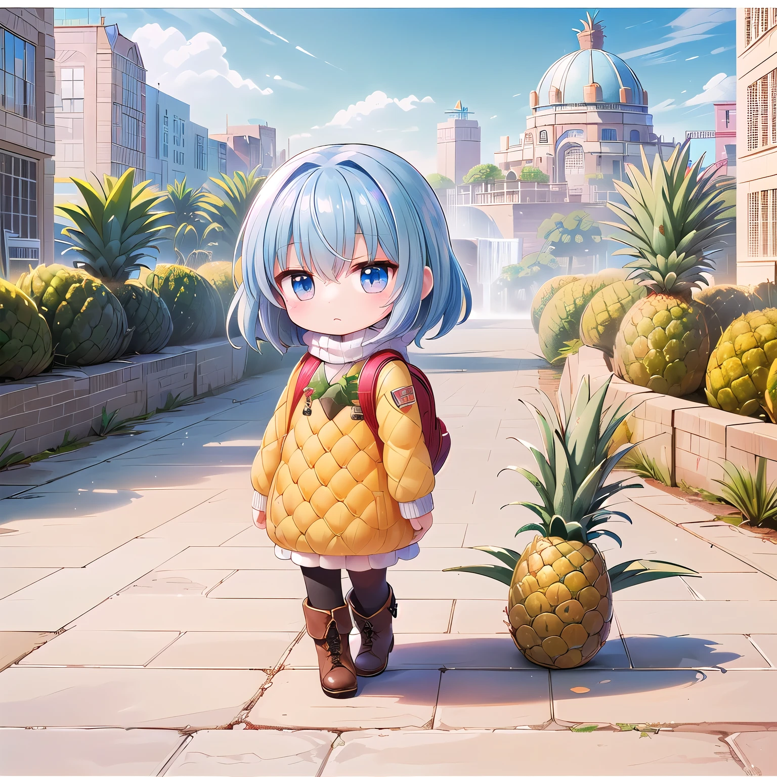 (Chibi, snap shot,Pineapple , Nendoroid ,stand,one girl: 1.5), (Masterpiece, almond-shaped eyes, glossy white-blue hair, short chignon hair, top quality, carefully drawn fingers, beautiful anatomy,  full body : 1.4), (Tasteful Colored pencil hand-drawn picture: 1.5), (Red cheeks, indifference, no expression, hair blowing in the wind: 1.2), (Slim and warm clothes, fluffy sweater,globe, chic down coat, muffler,backpack,check skirt,warm boots: 1.2), (fantastic view: 1.3), (brick building,pineapple building,big city:1.4),(theme park ,submarine city,skeleton small earth object ,morning:1.3)