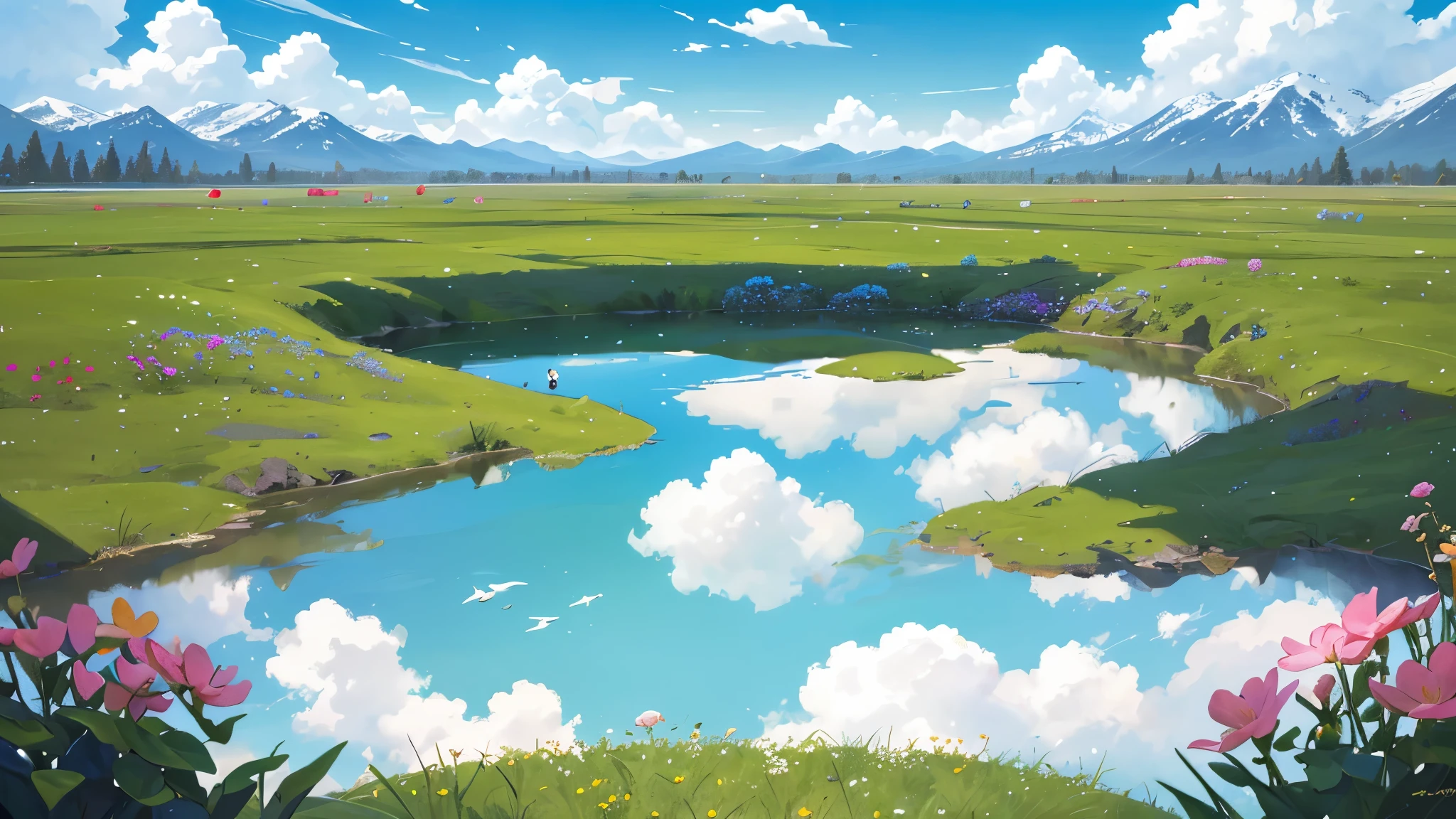 Summer, meadows, a few small flowers, clear lakes, sheep, heaven, large clouds, blue sky, hot weather, HD detail, hyper-detail, cinematic, surrealism, soft light, deep field focus bokeh, distant vistas are snowy mountains, ray tracing, and surrealism. --v6
