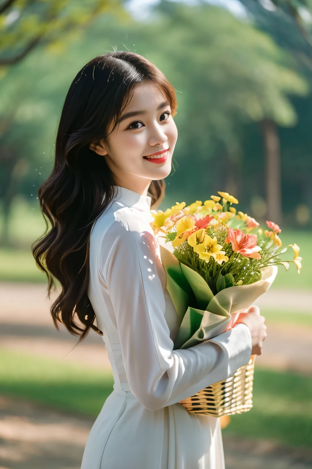 aodai, smile, photographed on a Nikon Z7 II Mirrorless Camera,120mm F/4 wide-angle
a woman in a pink dress  with flowers in it and a (basket of flowers), Ding Yunpeng, phuoc quan, a stock photo, art photography
a woman in a white dress holding a bouquet of flowers, Byeon Sang-byeok, portrait photography, a stock photo, art photography
1girl, aodai, photo art, (flowers:1.2), tree, a stunning photo with beautiful saturation, ultra high res,(realistic:1.4)),deep shadow,(best quality, masterpiece), pale skin, dimly lit, shade, flustered, blush, highly detailed, skinny, BREAK depth of field, film grain, wrinkled skin, looking at viewer, knee, warm smile, 