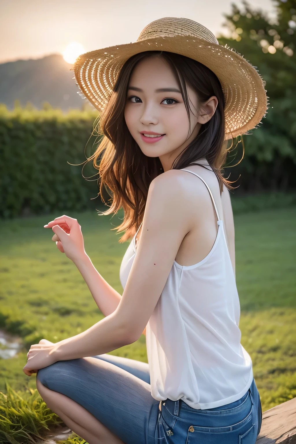 (((best super touching、super highest quality、32K、非常に詳細な CG Unity 32K wall紙、ticker、Raw photo 1.3、Very noisy々new image、Very noisy々new imageの品質、Photoreal 1.4、Highest quality 1.3、Super detailed 1.2, small details, High resolution, wall , perfect dynamic composition, masterpiece, surreal, 32K, real human being、)))、sexy farm girl with straw cowboy hat standing in a mountain valley, sunburned skin, long blonde hair, Cut-off jeans shorts, Athletic and healthy body, thin, frivolous, sexy, big , cleavage, Wet white tank top, sunset, dynamic、squat、Backwards 1.2、low angle 1.4、Smile 1.2、