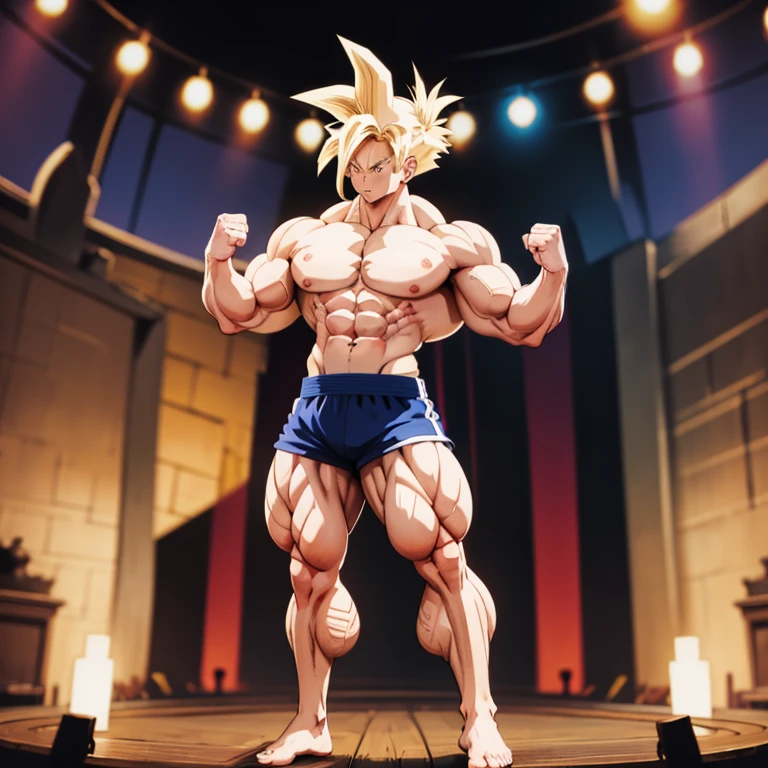 Anime-Stil , High quality full body image of Goku as a bodybuilder, ist&#39;Ich trage nur einen Tanga , ohne Schuhe, Feet, bare Feet, massive muscular body, huge muscular shoulders, Massive big biceps, defined muscular chest, brustmuskeln, Venen im Bizeps, Muskelbeine, massive muscular abs, Bizepsflex. posierend, Sie schwitzt, very muscular, The toned body shines in the spotlight, he is standing on a stage, much muscular sexy, Bodybuilding-Pose, Back view, The strongest 