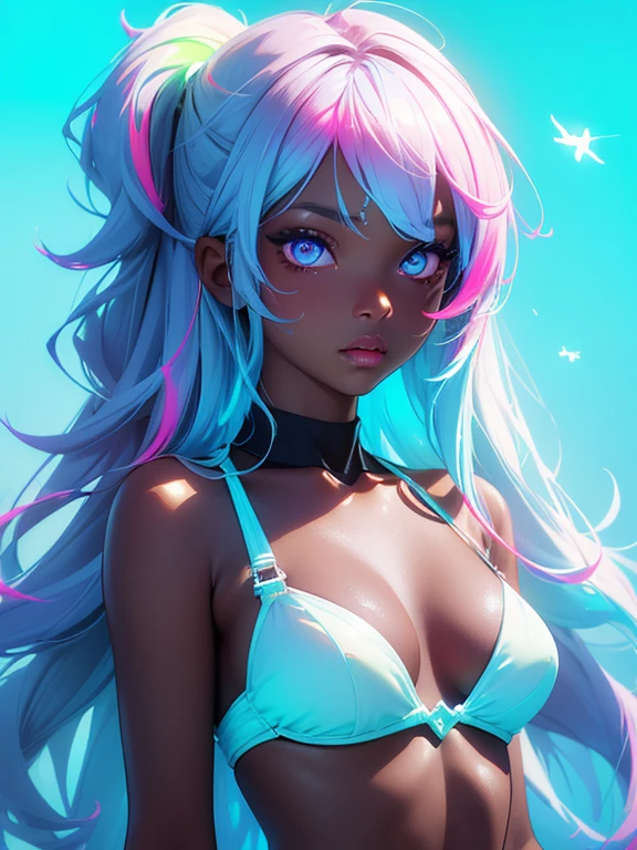 (masterpiece, high quality, high resolution, absurd, super detailed, High saturation、8k),real:1.5,solo,(bikini),cute girl,neat and clean、sexy、dark skin、oil skin、beautiful eyes、(colorful fluorescence hair),(colorful fluorescence hair:1.5)、 ,colorful,
