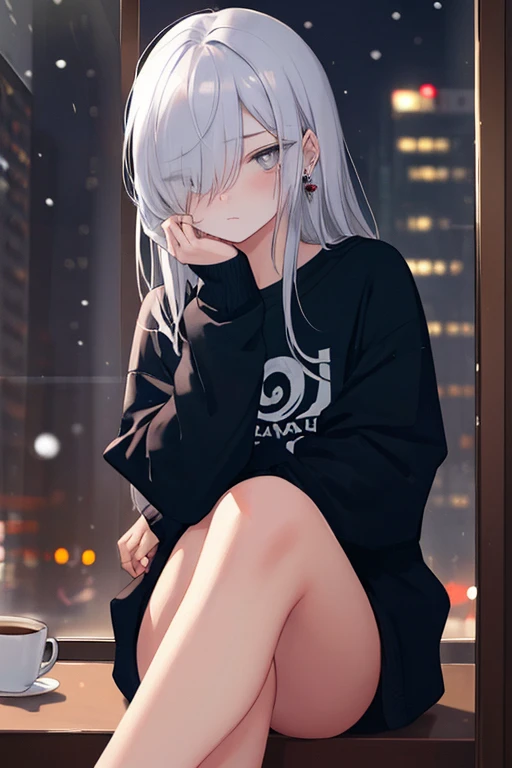 ((masterpiece:1.4, best quality:1.2)), 1girl, solo focus, beautiful skin, blush, black sweatshirt, long white hair, grey eyes, sitting, earrings, Hands on face, piercing, coffee shop window, night, snowing, cityscape, tall female, beautiful and delicate female, comfy ambience, {detailed background}, I'm not wearing panties, hair over one eye, shy, Not wearing underwear, sexy, naked, spread your leg