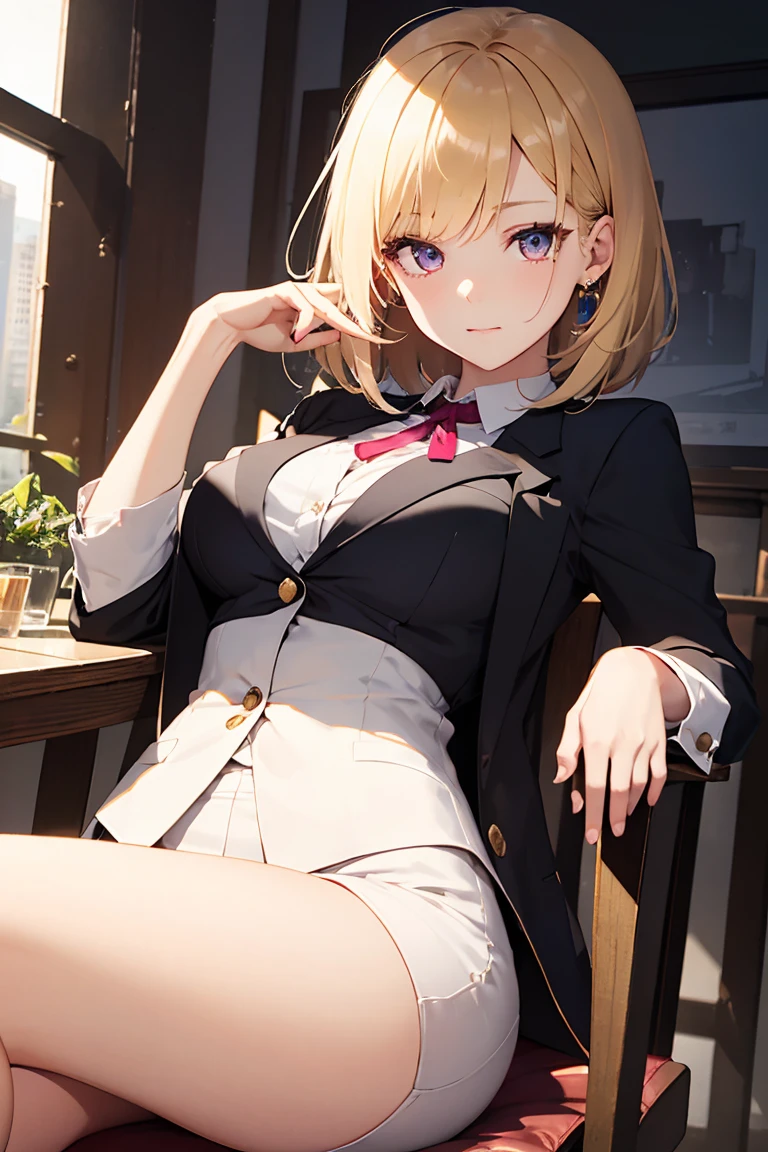 masterpiece, absurdres, best quality, ultra detailed, high Resolution, detailed illustration, extremely beautiful detailed face and eyes, Delicate beautiful face, bright colour, 1girl, cute face, magenta eyes, sparkling eyes, medium breasts, (perky breasts:1.1), (pointy breasts:1.1), medium hips, glamorous body, white skin, confused, BREAK, long bob cut, (blonde hair:0.8), messy hair, detailed hair, shiny hair, BREAK business suit, tiny ribbon, meeting room, sitting, chair, real world, natural lights, perfect lighting,