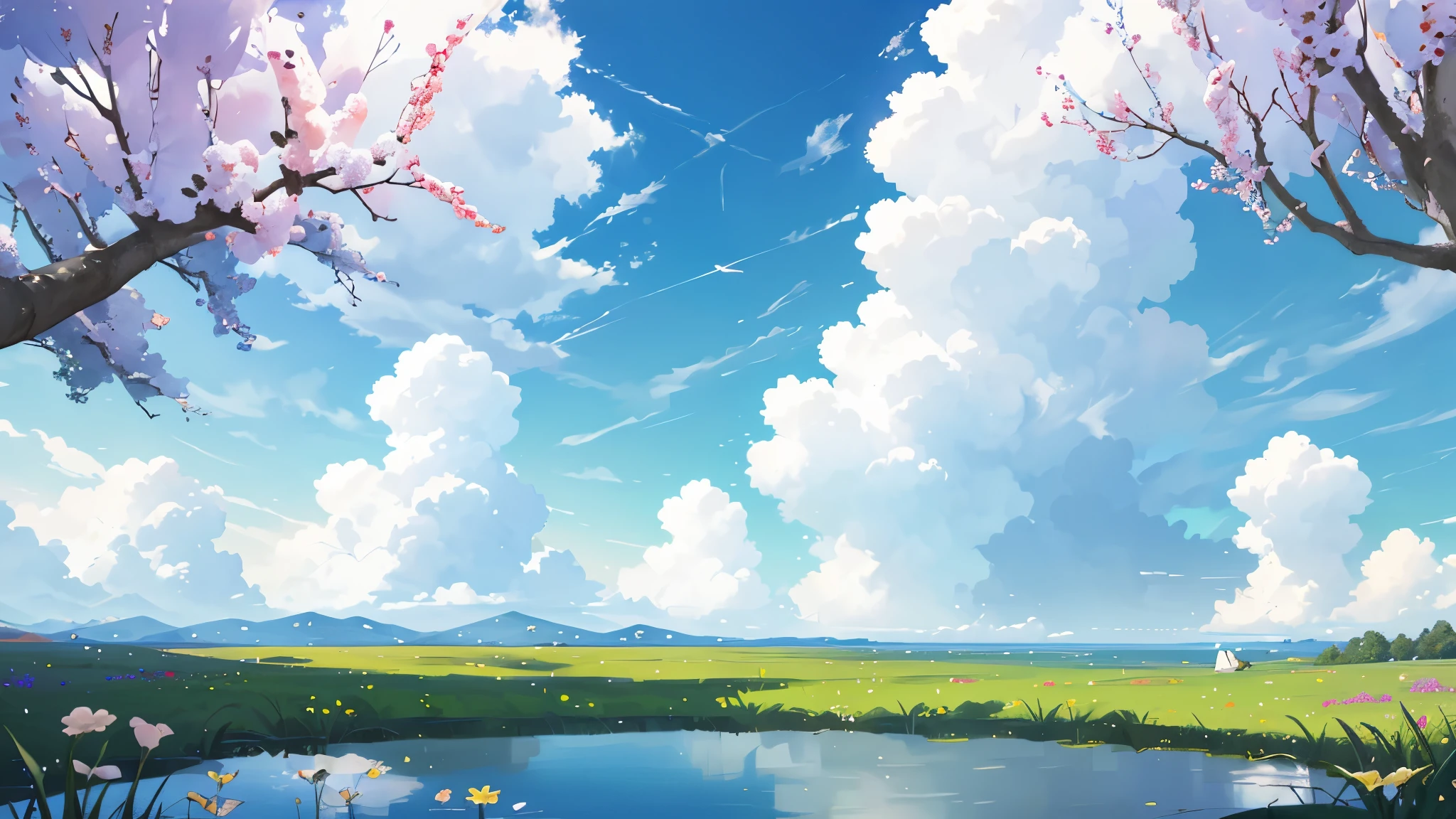 Summer, meadows, a few small flowers, clear lakes, heaven, large clouds, blue sky, hot weather, HD detail, hyper-detail, cinematic, surrealism, soft light, deep field focus bokeh, distant vistas are snowy mountains, ray tracing, and surrealism. --v6