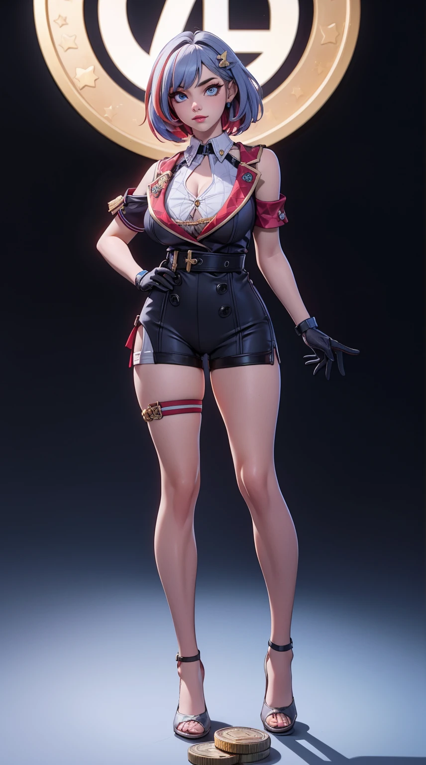 girl, solo, full body, from head to toe, standing, (Huge_Breasts),

3DMM,

1girl,multicolored hair, short hair,hair ornament,blue eyes,bare shoulders,cleavage cutout,dress, short sleeves, black gloves, belt,shorts,thigh strap, buttons, gold,coin