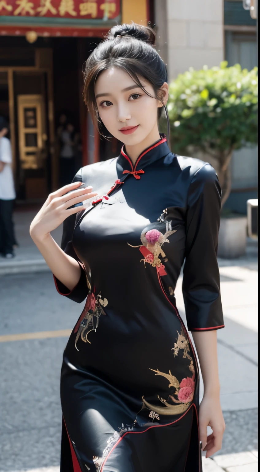 Foto hiperrealista en primer plano de Kim Ji-soo from Korea, masterpiece, best quality, (photorealistic:1.4), full body, Luxurious Black Satin Dragon Phoenix Chinese Dress Cheongsam Qipao dress with t-sleeves, China Town, sunny day, cinematic light, beautiful woman, skinny, large big breasts, black long hair, hair cut into a bun,  detailed face, smile, facing the camera, photo taken from a distance, age of 25 years old