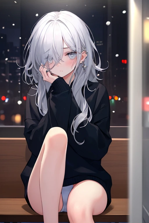 ((masterpiece:1.4, best quality:1.2)), 1girl, solo focus, beautiful skin, blush, black sweatshirt, long white hair, grey eyes, sitting, earrings, Hands on face, piercing, coffee shop window, night, snowing, cityscape, tall female, beautiful and delicate female, comfy ambience, {detailed background}, I'm not wearing panties, hair over one eye, shy, Not wearing underwear, sexy, naked, spread your leg