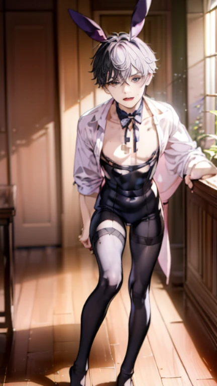 {(table top) (4K high resolution) (genuine)(highest quality) (super fine) (beautiful boys) (RAW photo) (フォトgenuine) (the most beautiful face)(a handsome guy) (perfect body) (five fingers) (9th class) (22 years old) (Korean) (one man) (pink short hair) (Body and face without defects)} {(small round face) (Perfect high nose) (perfect big eyes) (beautiful double eyelids) (Staring sexily at the camera)} (underground) (bright lighting)、((Hardwood flooring)) (((upward glance)) ((standing in front of camera)) (((soaking wet body))) (((stick out your butt))) (((sticking out tongue)))(angry face) (Male physique)((((thin chest)))))(((Bunny Costume))) (((Fishnet tights))(gay)(Yaoi)