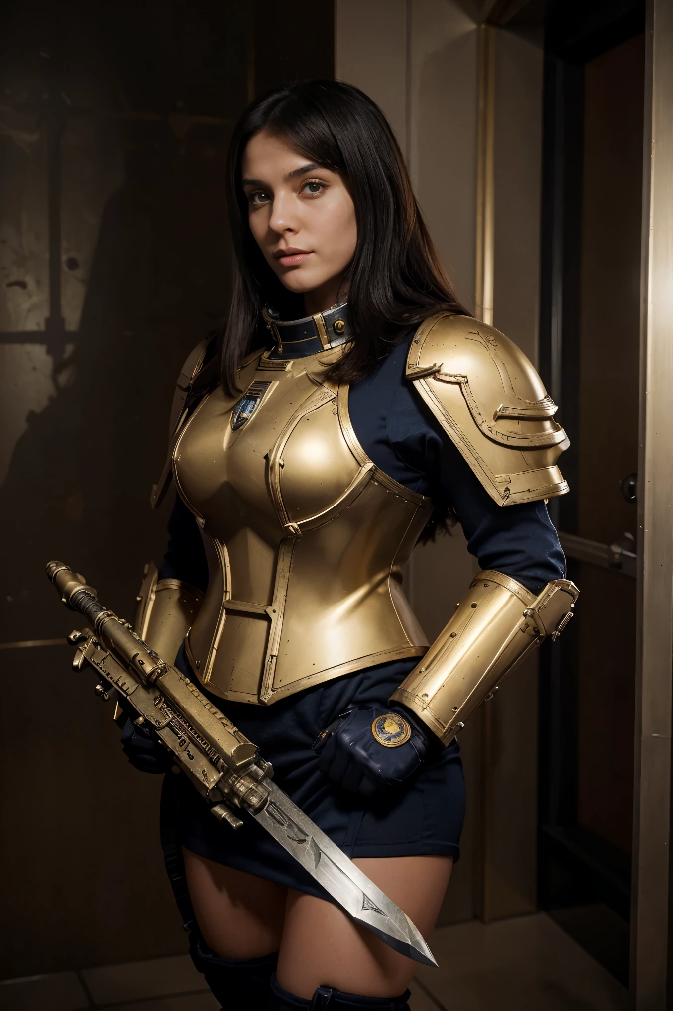 a close up of a woman in a corset dress with a bunch of bounty hunters robots, les edwards poster art, golden and copper armor, mech, seventies, pretty face, 1 9 7 0 s female alive, key frame, dollpunk, band of gold round his breasts, barbarella, metalic, mechanical, mechanical superstructure  