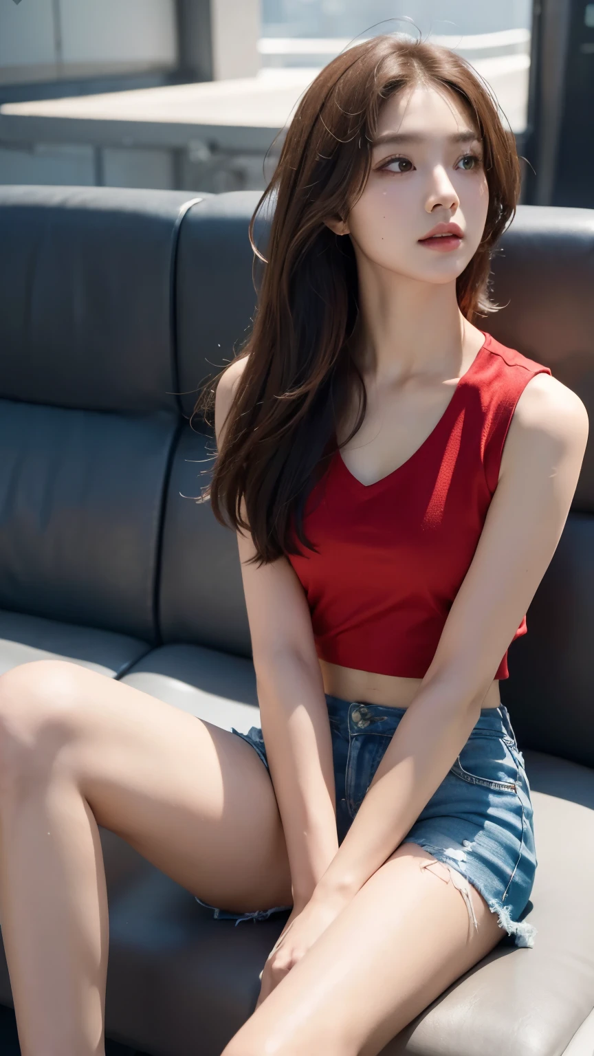 individual，young girl，23 years old, （（ esports players）），fine hair, Detailed faces, full的身材，long hair，full, Short hair details, sit down，Short hot pants, Small red vest，Look up