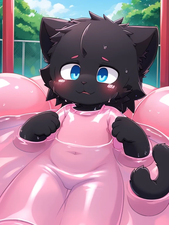 4K，8k，high resolution，masterpiece, best quality，blue eyes, hairy, alone, Wearing a pure pink slime suit， wet fur, Pink slime drowned，((black cat，Shota))In the amusement park，black cat贴史莱姆身上