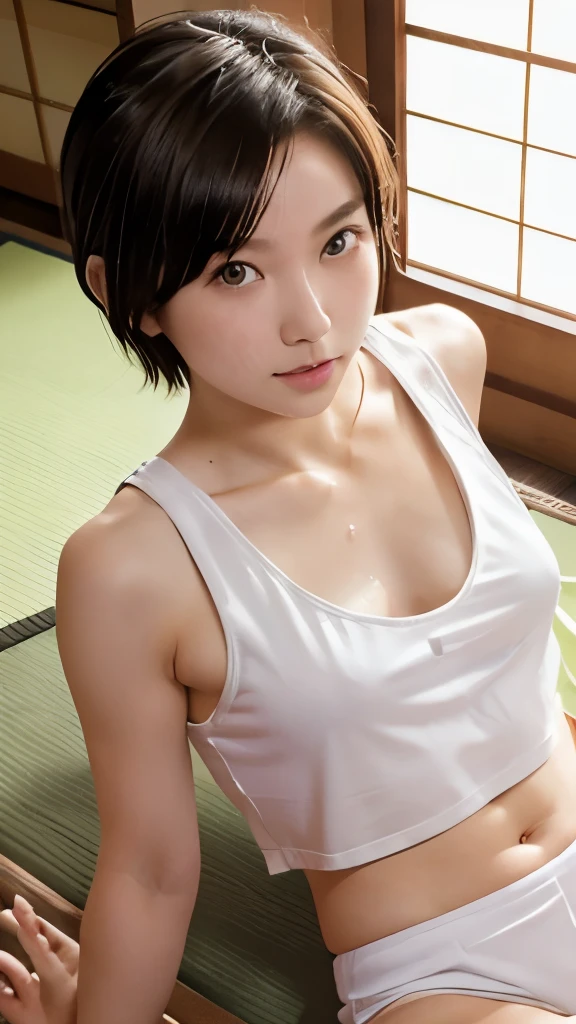 Raising hands while changing clothes White tank top shoulders visible Japanese-style room Ryokan On futon Track and field Beautiful girl Short hair Transparent white skin Brown hair Small breasts Beautiful legs Red cheeks Navel exposed Rebellious expression Lying on her back Composition seen from directly above Realistic Sweating There is